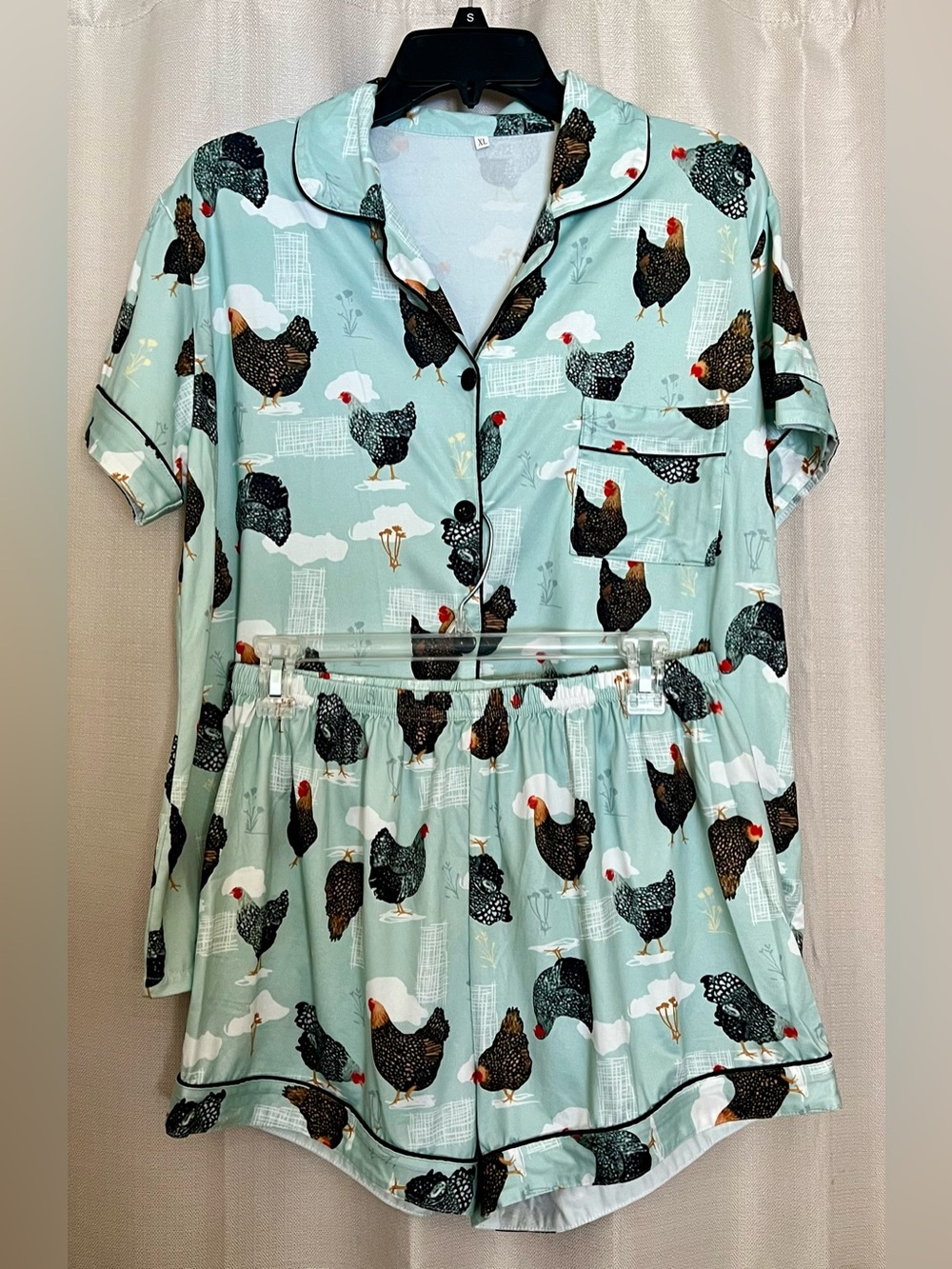 SHEIN Women’s XL Chicken Print Pajama Set Button Up Top Shorts Farmcore